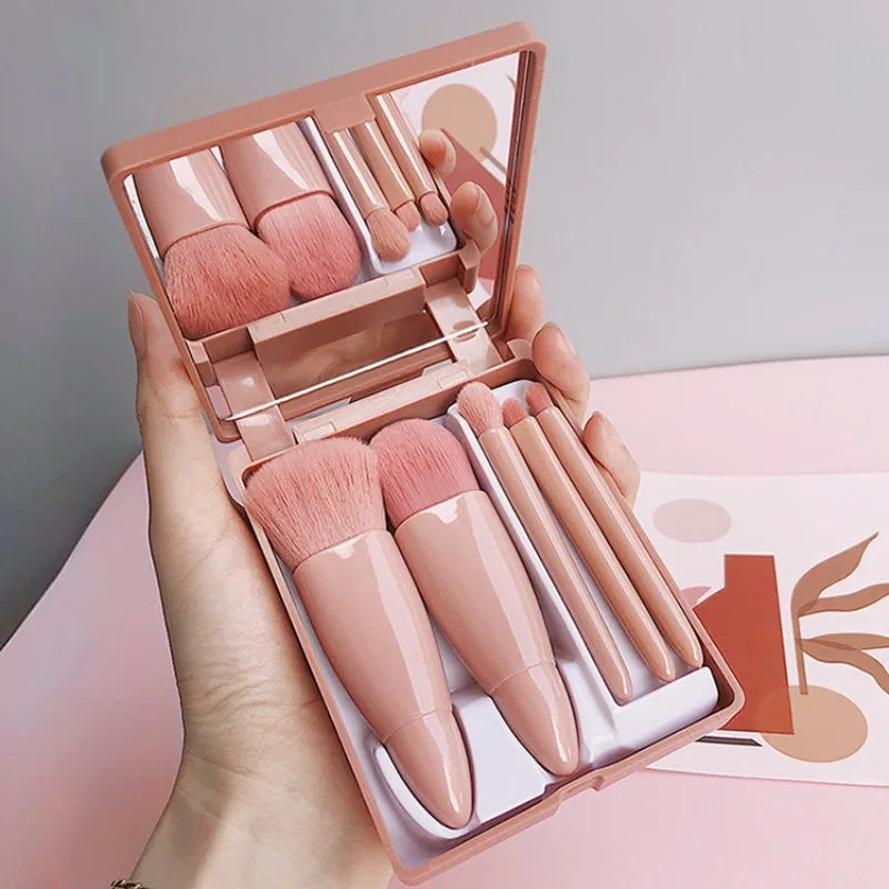 Mini Espelho de Maquiagem Portátil Com 5 Pcs Pincéis